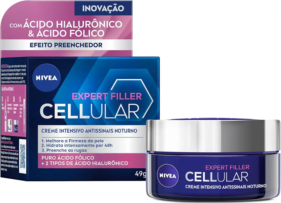 NIVEA Creme Facial Antissinais Cellular Filler Noite 49g, Hidratação Intensa 48h, Pele Firme, Preenche Rugas, Ácido Hialurônico, Cuidado Noturno
