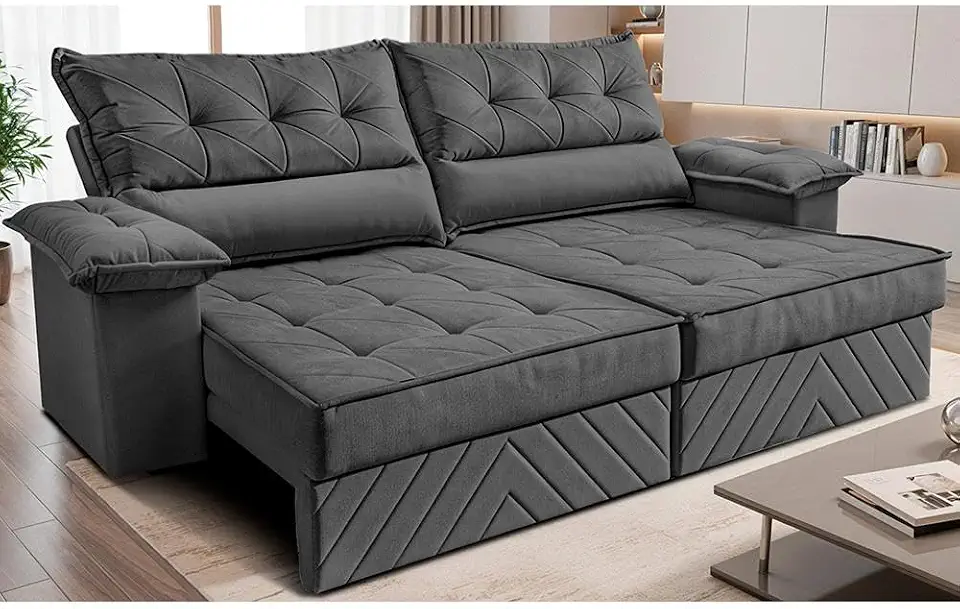 Sofá Retrátil e Reclinável 2,10m com Molas e Espuma D33 Thunder Velusoft Cinza Cama Inbox