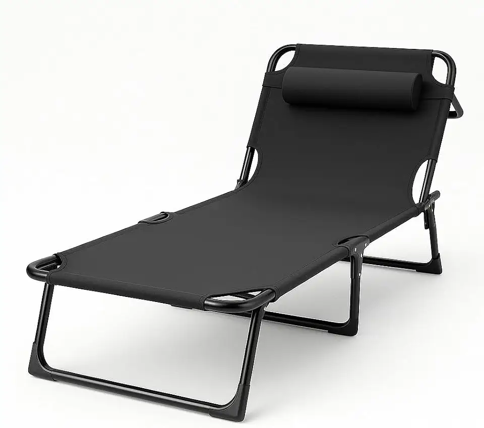 Espreguiçadeira Dobrável Portátil VMSTARK Preta | Cama de Descanso de Aço para Escritório, Camping e Casa | Compacta, Confortável e Resistente até 150kg