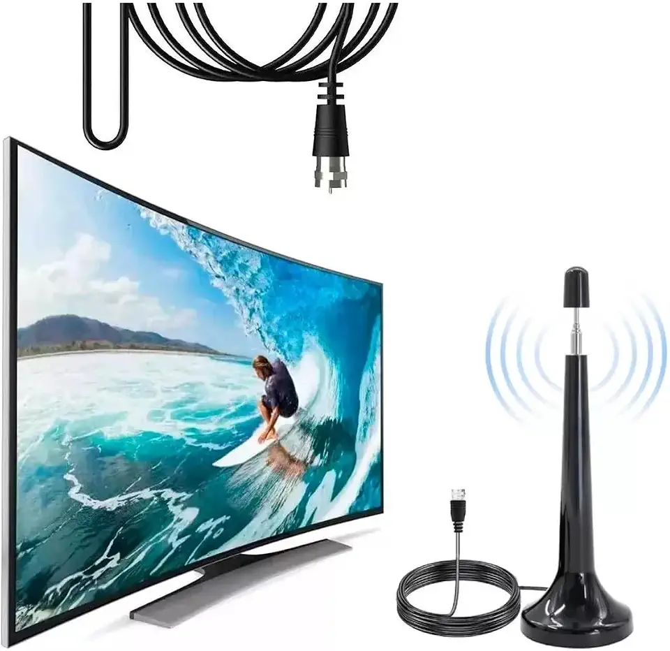Antena de TV Digital Interna Externa, Antena P/Televisão Amplificada, Sinal HDTV | 4K | UHF | VHF | FM, Resistente A Água, Compatível Para Samsung, LG, Philco, Smart TV, Cabo 5 Metros | Base Com Imã