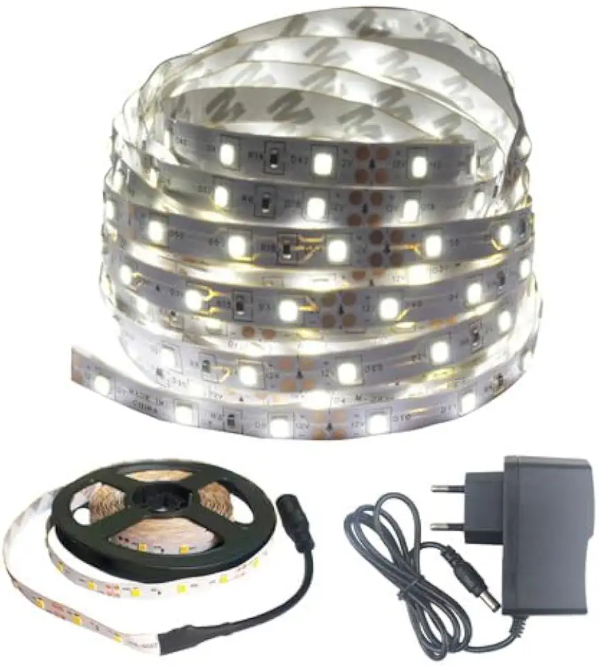 Fita LED 3528, 5 Metros, 300 LEDs, Branco Frio 6000K, IP20, com Fonte de Alimentação Bivolt