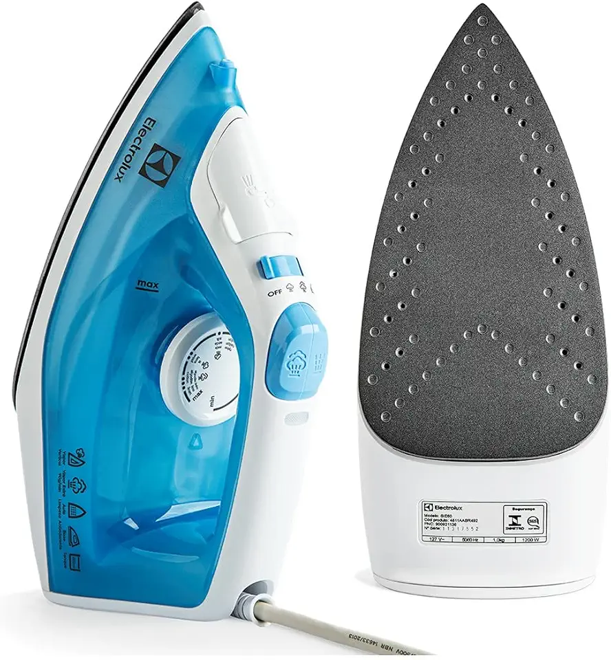Ferro de Passar Roupa Seco e Vapor Electrolux base antiaderente vapor vertical extra anti gotejamento 1200W cabo inteligente 1,65m azul SIE60 127V