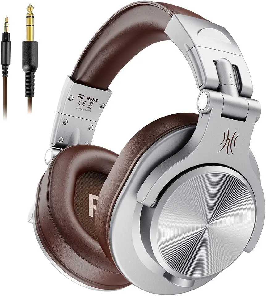 OneOdio Fone de Ouvido DJ A71 Fusion Silver/BrownFalante 40 mm Neodimio Conexão P2 ou P10 Com Microfone, Cabo Destacável, Grande