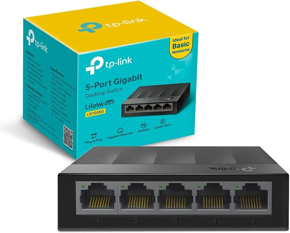 Switch TP-Link LS1005G, 5 portas Gigabit, não gerenciável, caixa de plástico, Plug and Play, Preto