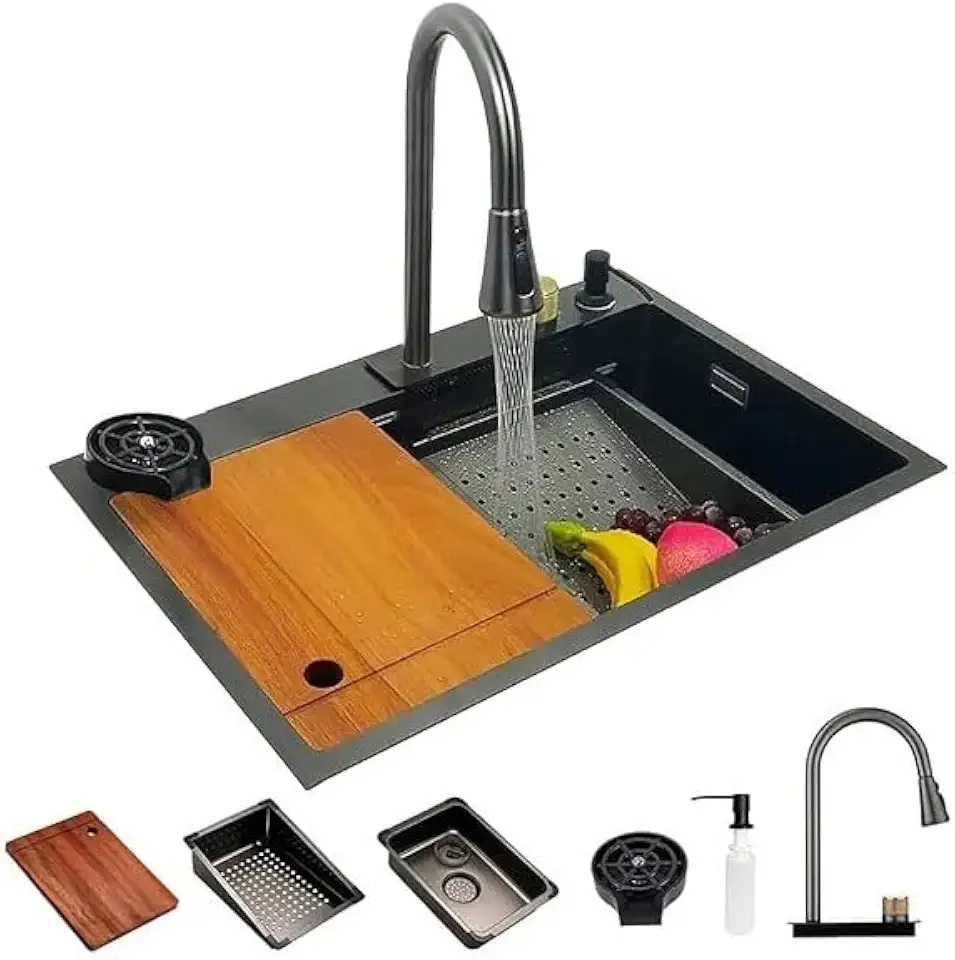 Cuba Gourmet Premium Preta 75x45 cm, Multifuncional com Torneira Extensível, Tábua de Corte e Acessórios Completos