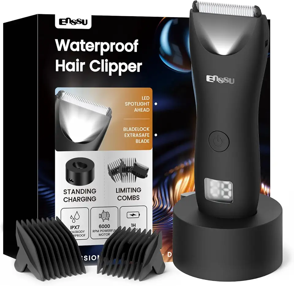 ENSSU Aparador de Pelos Íntimos Masculino, Barbeador Elétrico Multifuncional, Máquina de Barbear com Lâmina Segura, IPX7 À Prova d’Água, Carregamento Rápido 1H e Autonomia 60 Minutos, perfeito para Barba, Virilha, Peito, Abdômen, Axilas, Costas, Ombros e Pernas
