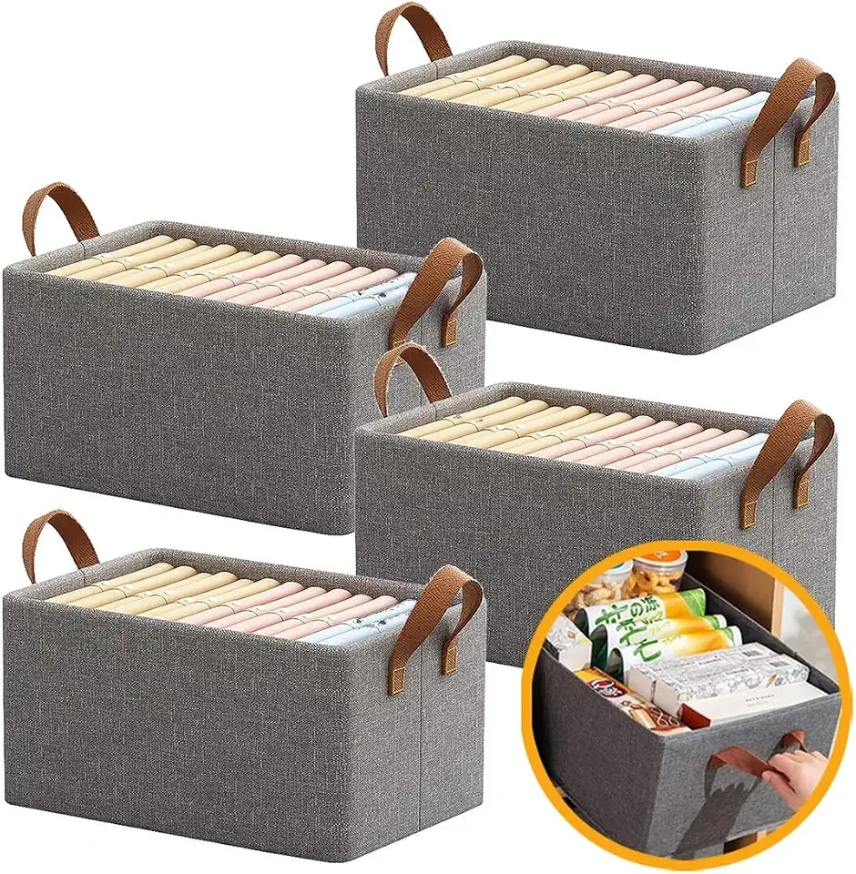 4 Caixas Organizadoras Dobráveis para Guarda-Roupa e Gavetas – Cestos Organizadores em Tecido com Alças, Cinza, Multiuso para Roupas e Closet (Reforçado)