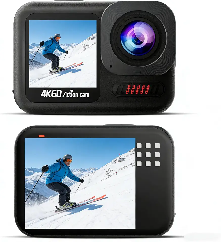 Câmera de ação 4K60FPS à prova d'água, câmera subaquática de 10 m com cartão de 64 GB, tela sensível ao toque com zoom 8X, câmera esportiva EIS 64 MP de 6 eixos, controle remoto, correção de distorção