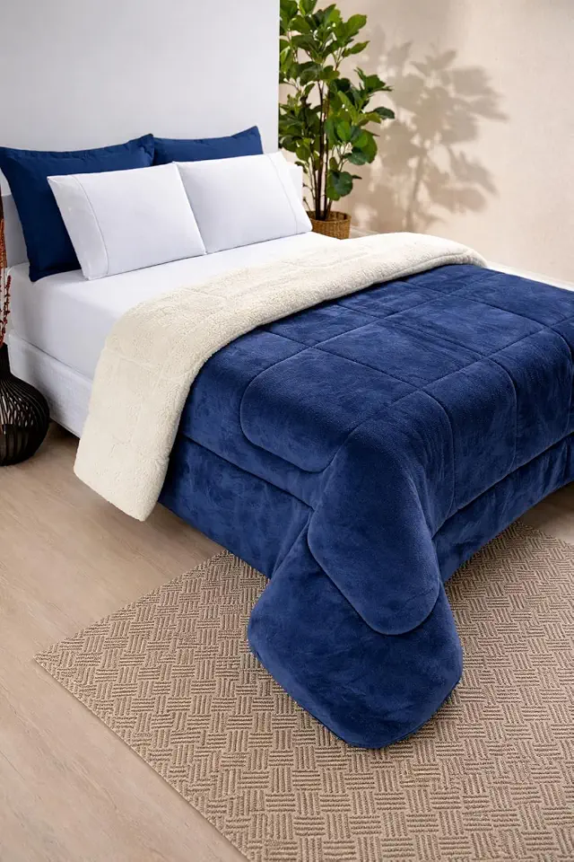Edredom Cobertor Grosso Coberdrom Sherpa Pele Carneiro Peludo Casal Queen 2,20 x 2,40m (Azul Marinho)