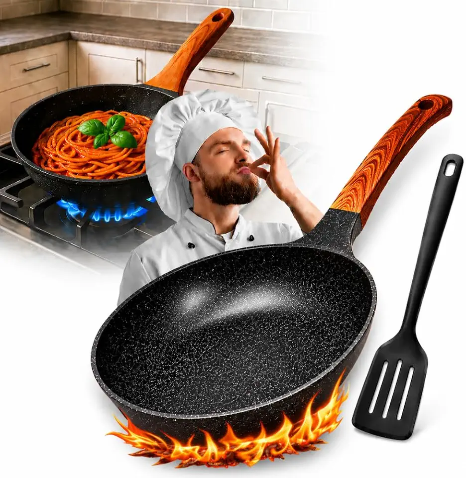 Frigideira de Cerâmica Antiaderente Grande Com Espátula Premium 24 cm com Cabo de Madeira Fogão a Gás Indução Cooktop Elétrico Panela Frita Sem Óleo Não Gruda Durável Qualidade