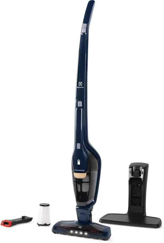 Electrolux Aspirador de Pó vertical bateria Ergorapido 2 em 1 luz frontal LED 45 min base recarregamento pedal limpeza facil da escova rotativa aspira escova capacidade 420Ml ERG28 Bivolt Azul