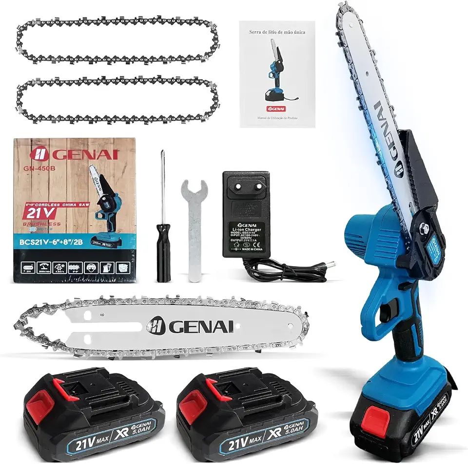 Mini Motosserra Elétrica à Bateria 21V, Serra Motosserra com 2 Bateria 1500mAh Recarregável Lâmina Serra 6''e 8", Motoserra para Poda de Galhos e Corte de Madeira