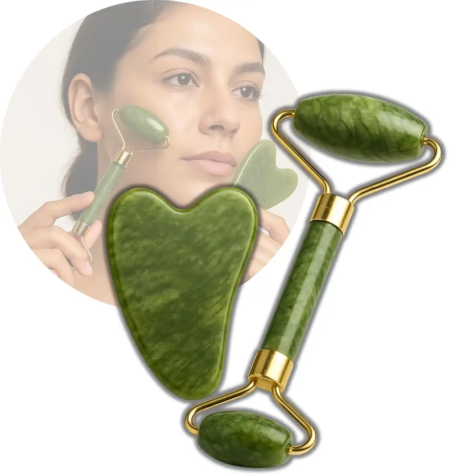 Kit Facial de Jade com Rolo e Gua Sha – Cuidados Diários com a Pele, Antienvelhecimento e Relaxamento