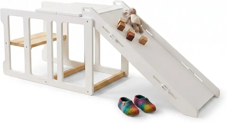 Casa Decoratta Torre de Aprendizagem Montessori 4 em 1 com Escorregador, Cadeirão e Mesinha, Material Madeira Pinus e MDF, Cor Branco