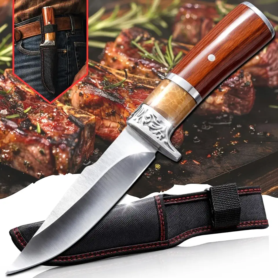 Faca Artesanal Fruboy para Churrasco e Cozinha Profissional Cabo de Madeira e Resina Híbrido Lâmina Super Afiada 4mm de Espessura com Bainha Ideal para Colecionadores e Gourmet.