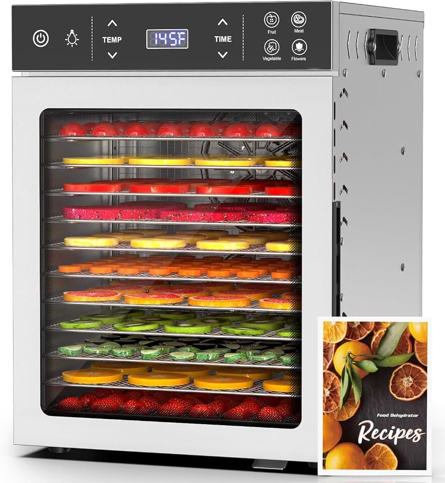 HOPERAN - Desidratador de alimentos - 12 bandejas de aço inoxidável, máquina desidratadora elétrica de 800 W com 4 pré-definidos, temporizador ajustável, controlo de temperatura, secador de