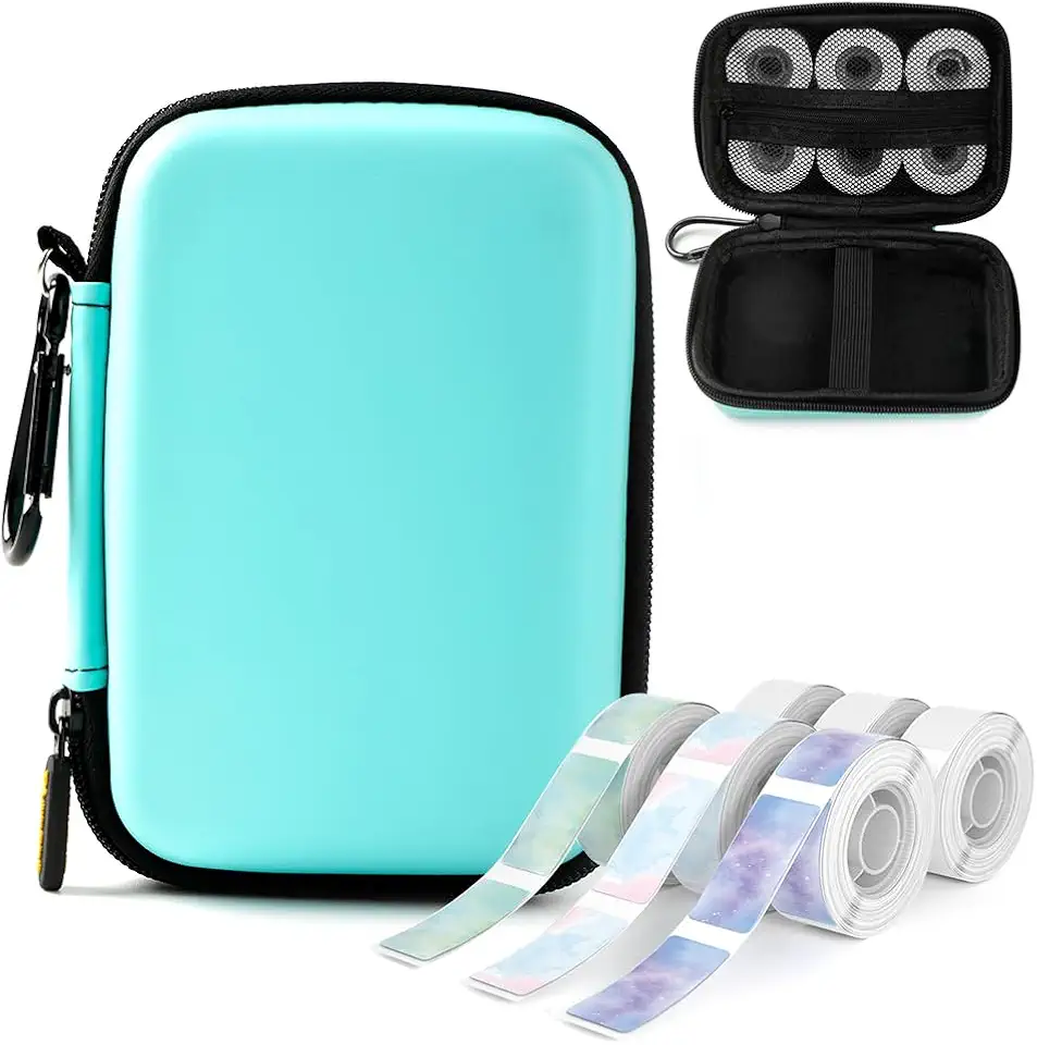 Phomemo Marcador de etiqueta D30 D35 caixa verde com 6 rolos de cores conjunto de fitas de etiqueta, saco de armazenamento à prova d'água com fitas de etiqueta preto sobre branco céu estrelado transparente, adesivo de papel térmico autoadesivo