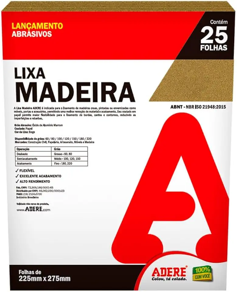 Folha Lixa madeira Papel Bege Adere Lmd220 225mmx275mm - 25 Folhas