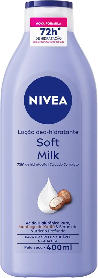NIVEA Loção Deo-Hidratante Soft Milk 400ml, Hidratação Profunda 72h, Hialurônico Puro, Corporal, Pele Seca
