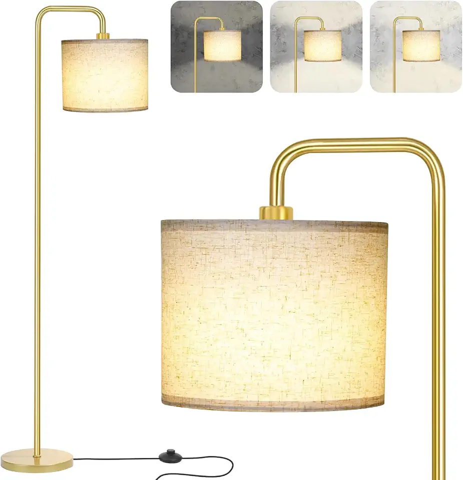 LumináRia de Chão, 1.6m Luminaria De Piso Com Pedal, 3 Cores AjustáVeis, Abajur de Chão Com Abajur de Linho Branco, Para Quarto, EscritóRio, Sala de Aula, DormitóRio 110/220v (Dourado)