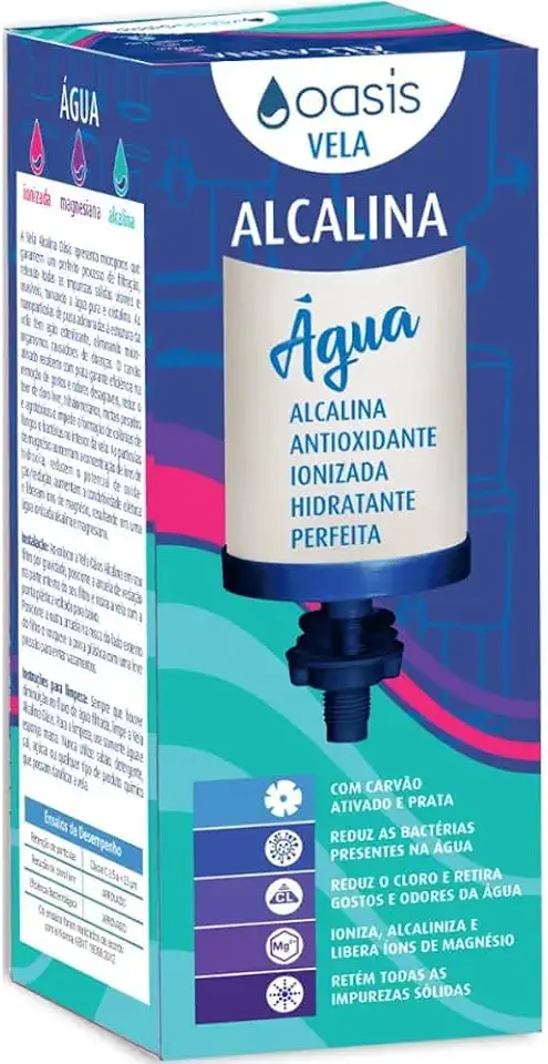 Vela Oasis Alcalina Magnésio para Filtro de Barro | Carvão Ativado + Prata Coloidal | Refil Universal para Filtros por Gravidade | Reduz Cloro, Odores e Impurezas