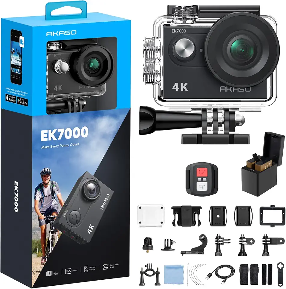 AKASO Câmera de ação EK7000 4K30FPS 20MP Ultra HD câmera subaquática 170 graus grande angular 98FT à prova d'água suporta microfone externo