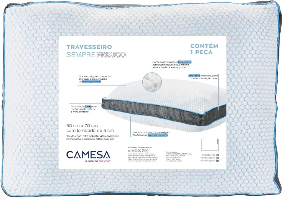 Travesseiro Camesa Sempre Fresco, 50x70cm Ecopluma, Tela Mesh, Lavável em Máquina, Tecido Cooling Com Proteção Anti Calor, Sensação De Toque Geladinho