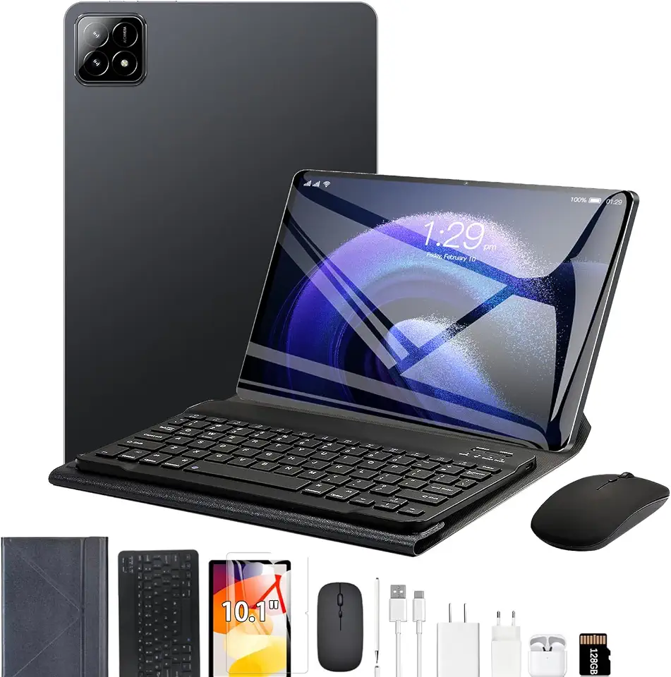 Tablet 3 em 1 com estojo/teclado/mouse/cartão de memória, 10,1 polegadas, Android 14, 16GB de RAM + 512GB de ROM, câmera de 8MP + 16MP, GPS, bateria de 8800mAh,Wi-Fi Edition (preto)