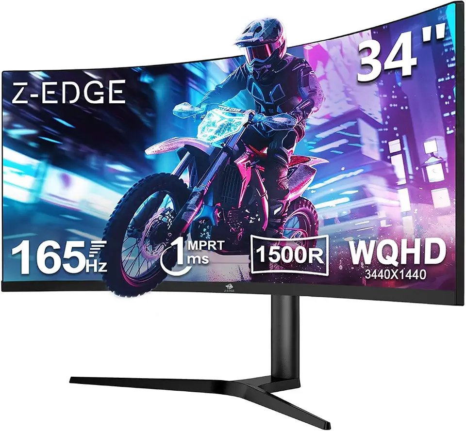 Monitor Gamer Curvo Ultrawide 34 polegadas Z-Edge, 165Hz, 1 ms, 21:9, 3440x1440 WQHD R1500, FreeSync, HDMI 2.0/DP 1.4, Ajuste de Inclinação/giro/altura, Sem Bordas