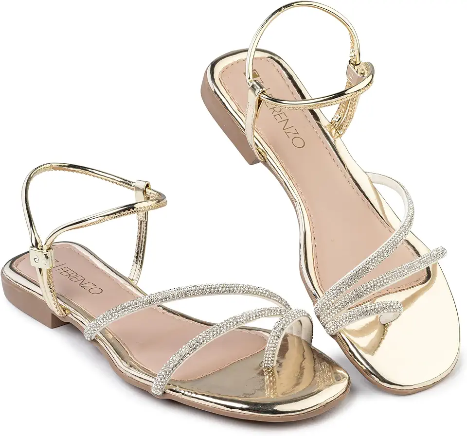 Sandália Feminina Rasteira Casual Flat com Tiras Brilhantes, Dourado, Ouro, Bronze, Preto, Rasteirinha Macia, Leve e Confortável