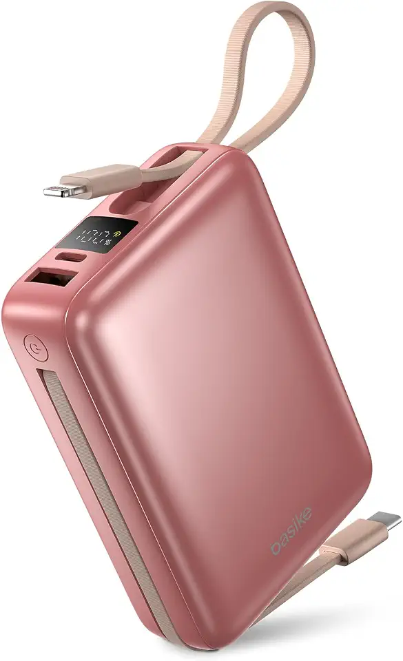 Basike Carregador Portátil, Power Bank 20000mAh com Cabos Integrados, Carregamento Rápido 22.5W(MAX), Compacto, Led Indicador de Bateria para iPhone/Samsung/Huawei/Xiaomi (Rosa)