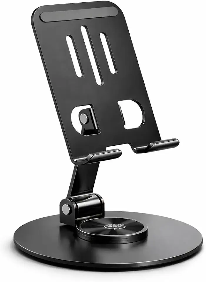 Suporte de Celular e Tablet de Mesa em Alumínio com Rotação 360°, Ajustável e Dobrável, Base Antiderrapante, Compatível com Smartphones e Tablets até 7” Premium