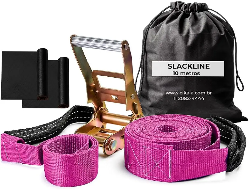 Slackline 10 M Rosa com Catraca Reforçada – Suporta 2 Ton, Cinta com Alças, Protetores e Bolsa de Transporte