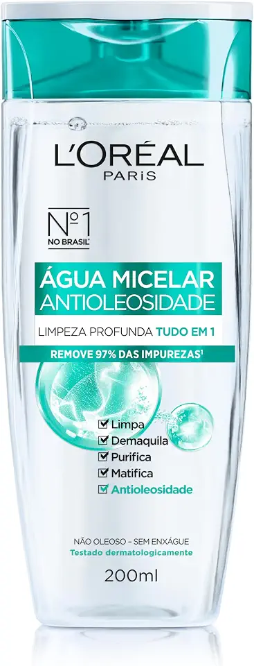 L'Oréal Paris Água Micelar Efeito Matte Solução de Limpeza Facial 5 em 1, 200ml