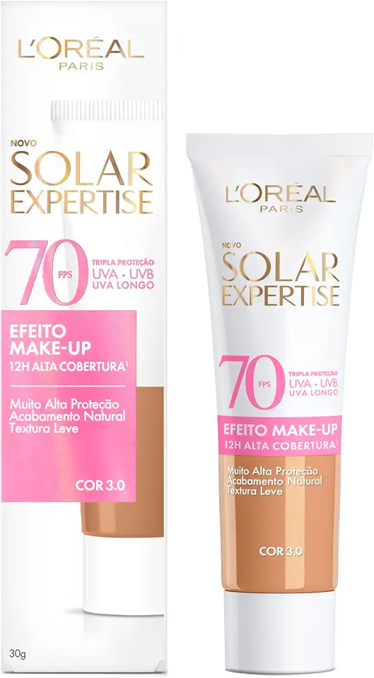 L'Oréal Paris Solar Expertise Efeito Makeup FPS 70, Protetor Solar Facial com Cor e Alta Cobertura de Base por 12H, Previne Rugas e Manchas, Cor 3.0, 40g