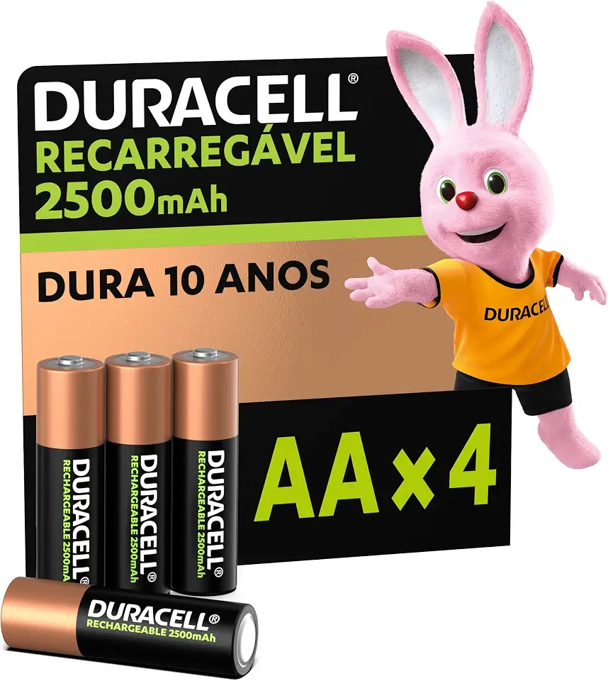 Duracell Pilha Recarregável AA 2500mAh Pequena Com 4 Unidades – Ideal para Controle Xbox™, Câmeras Digitais e Brinquedos de Alto Consumo