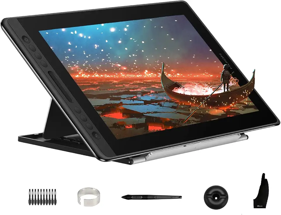 HUION KAMVAS Pro 16 Tablet de desenho gráfico com tela totalmente laminada inclinação sem bateria Stylus Touch Bar Suporte ajustável, compatível com Windows, Mac e Linux, caneta de 15,6 polegadas