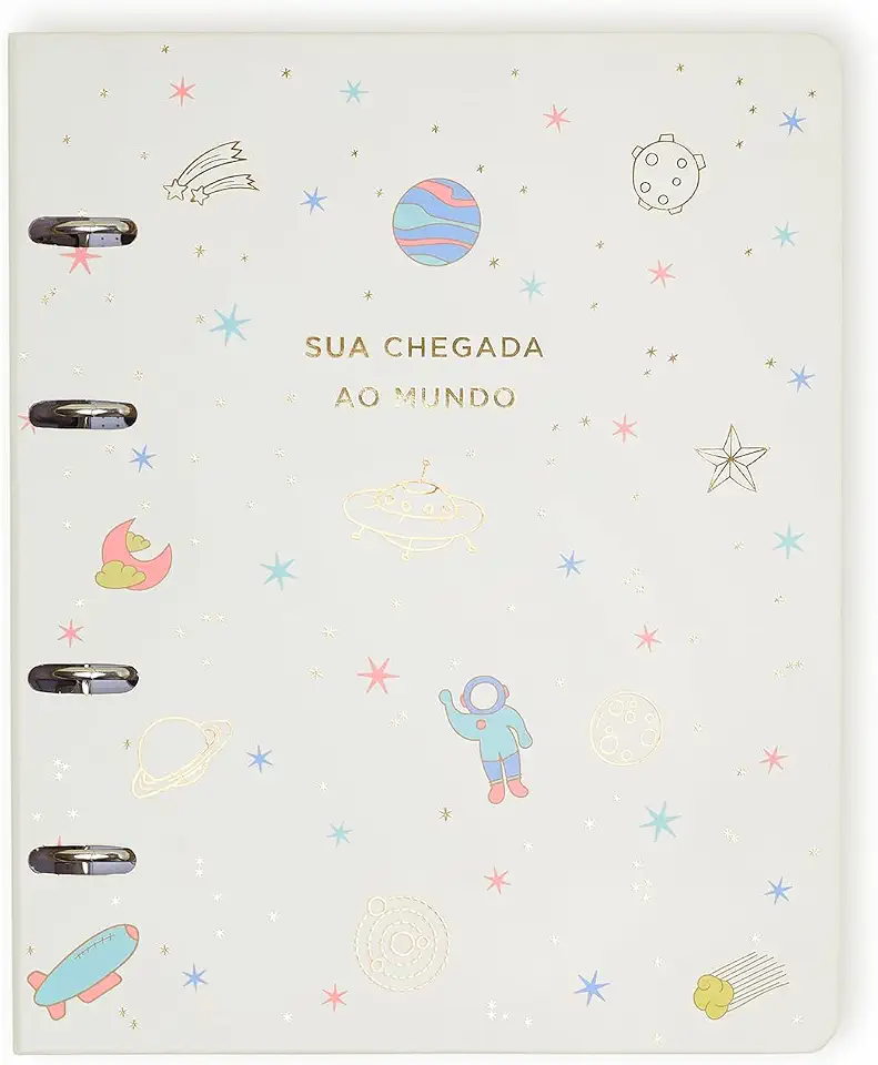 Livro Álbum do Bebê - 0 à 12 meses | Argolado | 47 Folhas - Formato 18x24cm, Capa Dura - Off White, tema universo | Papel Offset 150g | Cicero