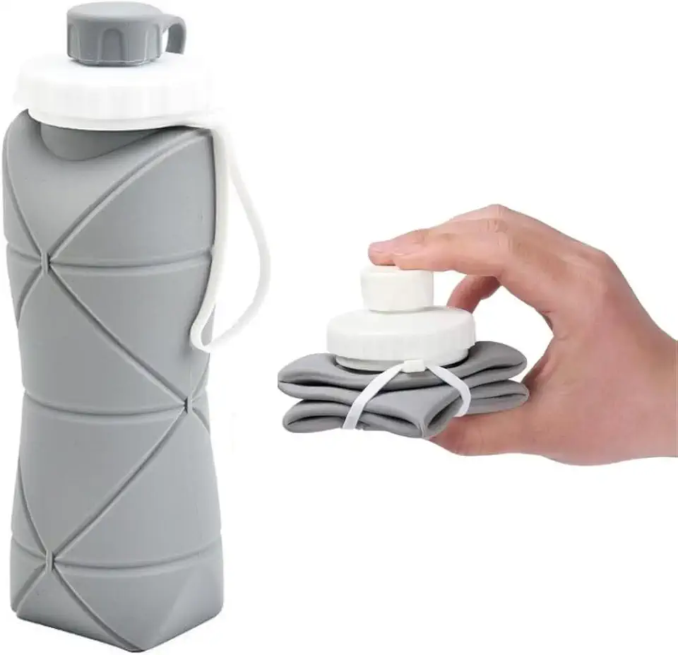 Garrafa Dobrável Silicone 600ml - Retrátil, Compacta, Reutilizável - Para Academia Viagem Esportes - Suporta Bebidas Quentes e Frias - Shop100 (Cinza)