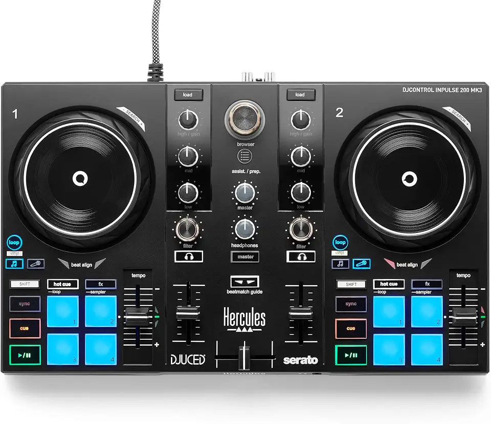 Hercules DJControl Inpulse 200 MK3 – Controlador de DJ ideal para começar a DJing – Software e tutoriais incluídos – Spotify e Apple Music streaming com Serato DJ Lite