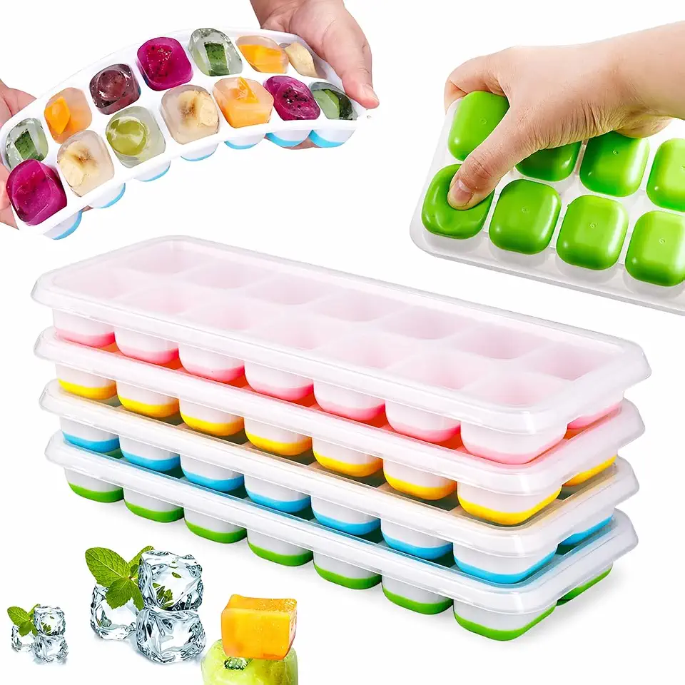 Kit 4 Formas de Gelo Flexivel com Tampa Silicone Flexível 14 Cubos Retangular BPA Free Alimentos Frutas Papinhas Desenforma Fácil Linha Premium