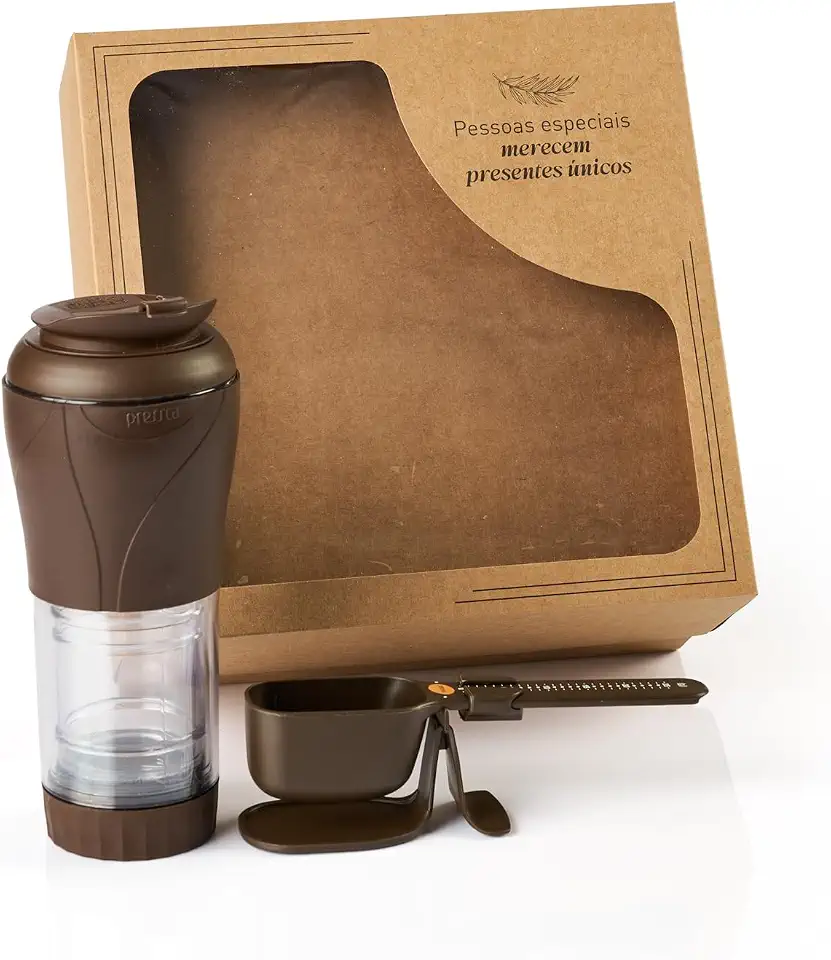 Kit Presente Pressca – Cafeteira Portátil 350 ml + Balança Dosadora Dose Certa + Caixa Presenteável, Portátil e Prático, Cor: Marrom