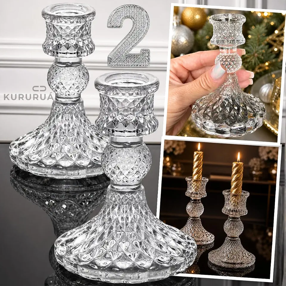 Castiçal de Vidro com Alto Brilho Kit 2 Unidades Transparente, Elegante, Candelabro Porta-Vela