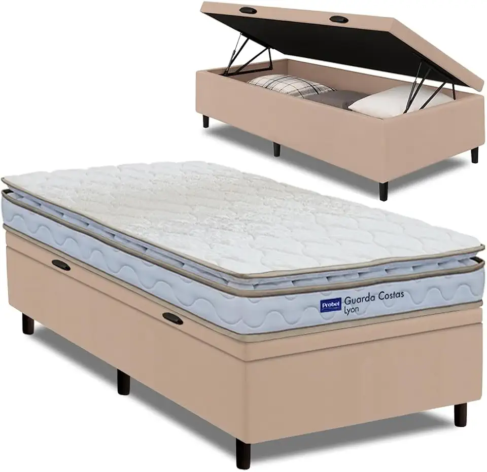Cama Box Baú Solteiro Probel Espuma D33 Pillow Top 88x188x59cm Guarda Costas Lyon Branco/Bege