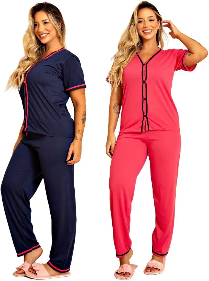 Kit 2 Pijama Feminino Longo Botões Amamentação Americano Noite Maternidade