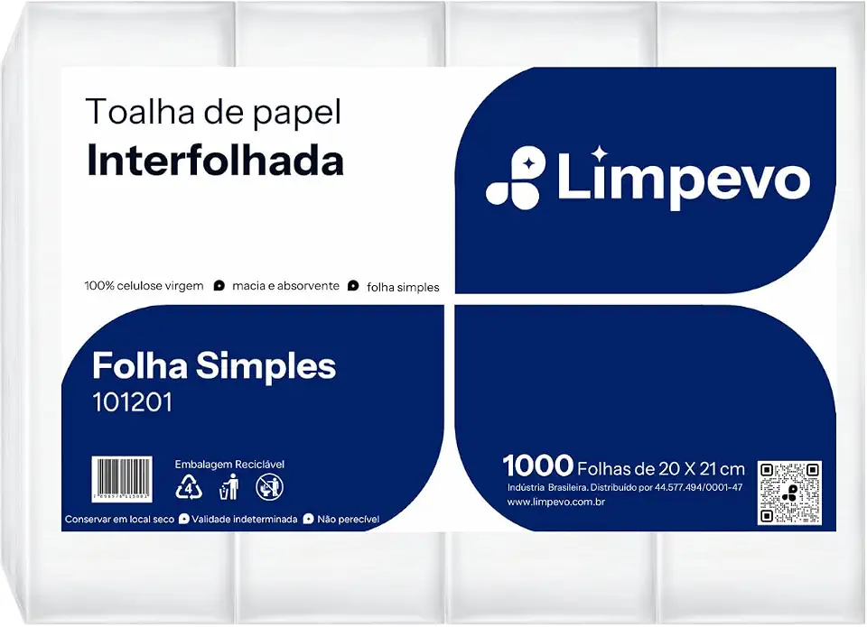 Papel Toalha Interfolhado Folha Simples 1000 Fls Limpevo Toalha de Papel Absorvente Qualidade 100% Celulose