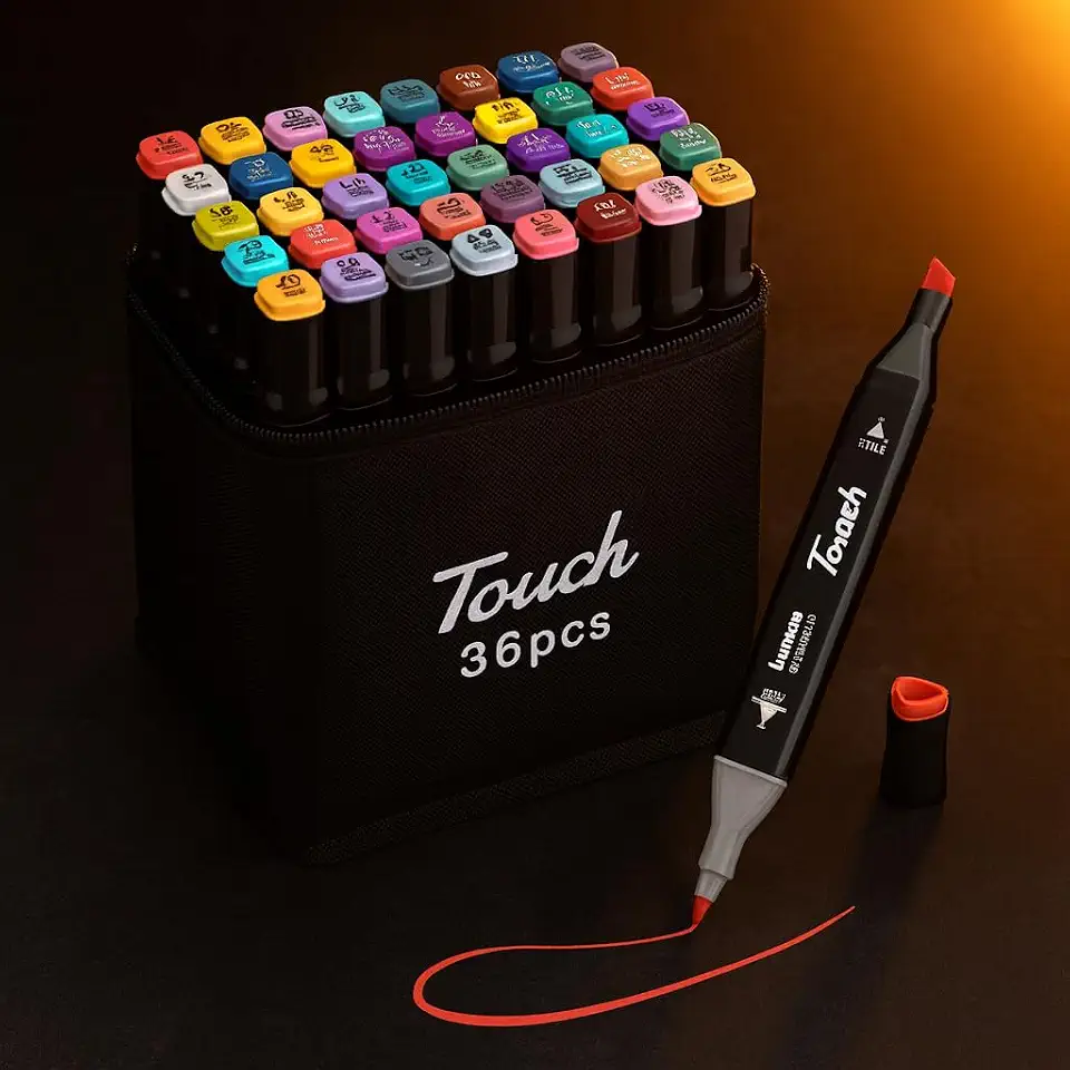 Kit Canetinha de 36 Canetas Marcador Permanente Ponta Dupla Touch Coloridas para Desenho Profissional Escolar Infantil com Estojo Organizador Base Artista Canetinha Hidrográficas Alcool Caneta Colorir