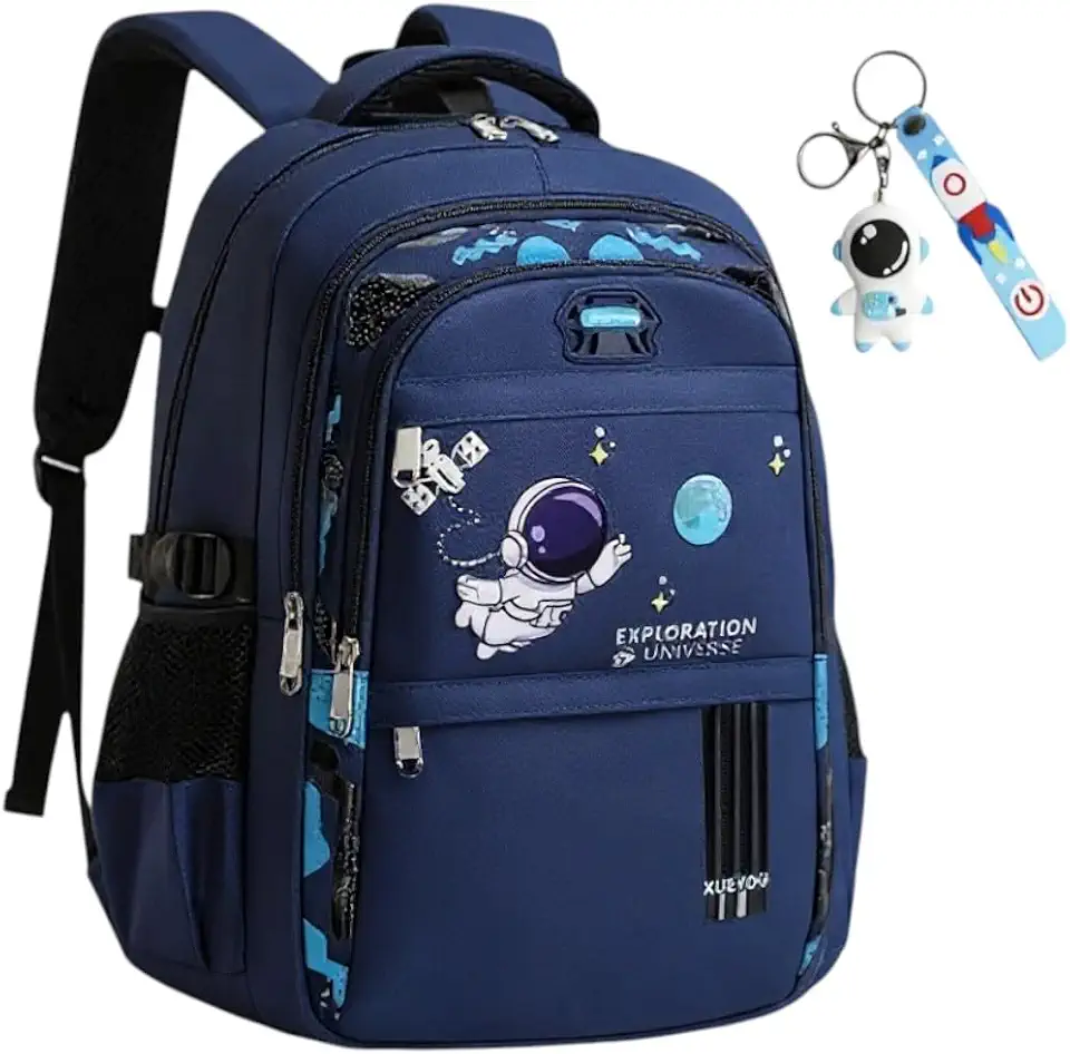 Mochila Escolar Infantil Astronauta, Impermeável, Ortopédica, Azul, preto e Verde, Design Espacial (AZUL)