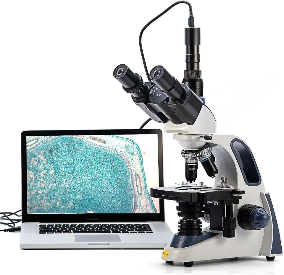 Swift Composto Microscópio Trinocular SW380T, ampliação 40X-2500X, cabeça Siedentopf, grau de pesquisa, estágio mecânico de duas camadas com câmera de 5 MP e software compatível com Windows e Mac