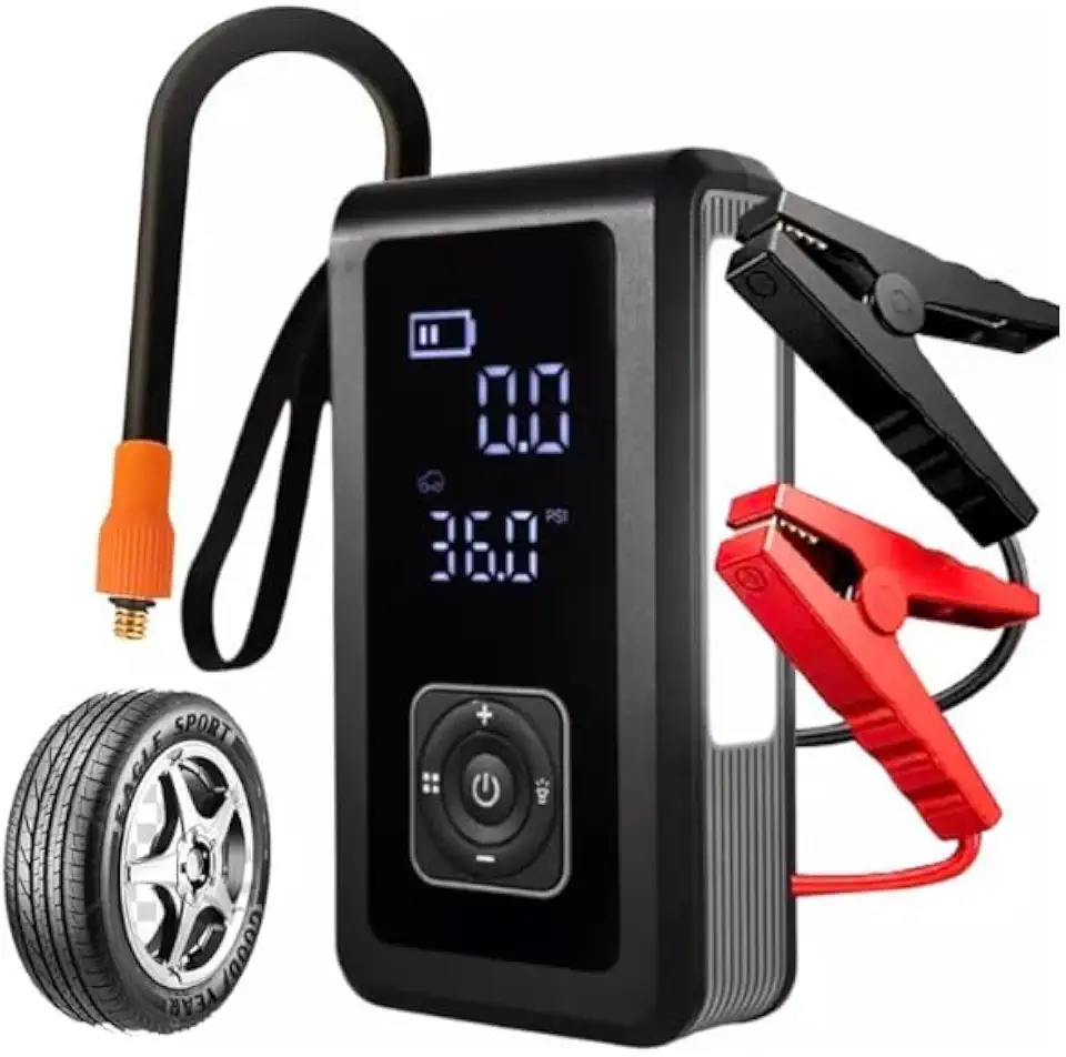 Auxiliar De Partida e Calibrador de Pneu Compressor Bomba de Ar Portátil, Carregador de Bateria Sem Fio Com Luz de Emergência e Carregar Celular Power Bank, Chupeta Encher Pneu, Carro Moto Marca ATM